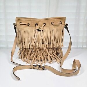 Patricia Nash Tan Suede Leather Fringe Bronte Bucket Crossbody Shoulder Bag